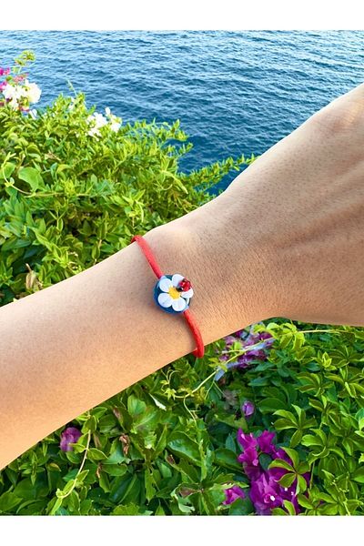 Atelier Çağla Blue Glass Daisy Ladybug Red Bracelet