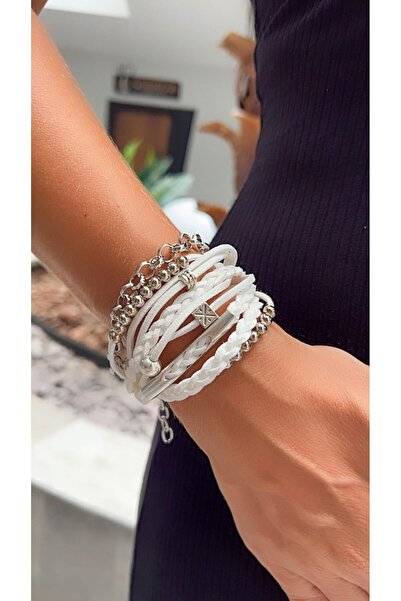Kutcha Accessories Sade Ve Şık Beyaz Süet Deri Bileklik - Gümüş Detaylı