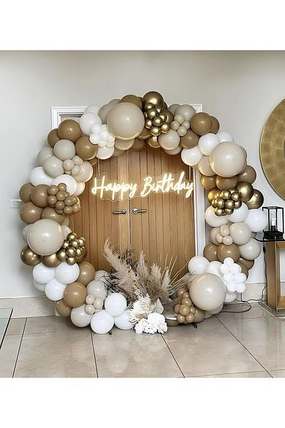 eğlencemarketi Chrome Gold Caramel and Sea Sand White Balloon Chain 100 Pieces