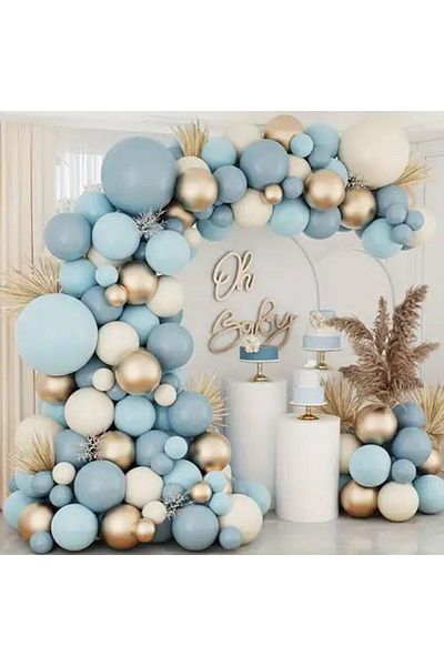 eğlencemarketi Chrome Gold Storm Blue - 100 Pieces Macaron Blue and White Balloon Chain