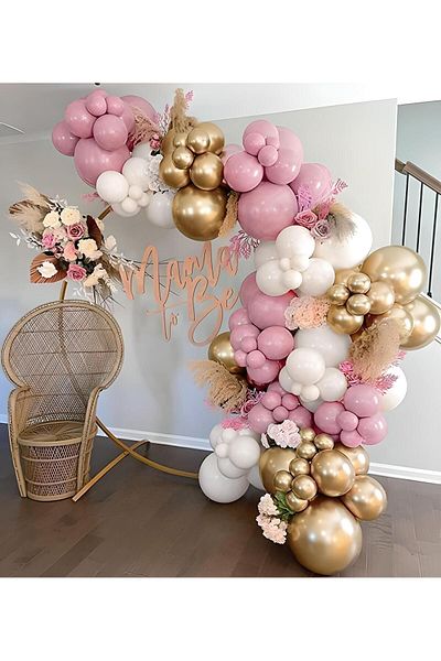 eğlencemarketi Chrome Gold White and Dusty Pink Balloon Chain 100 Pieces