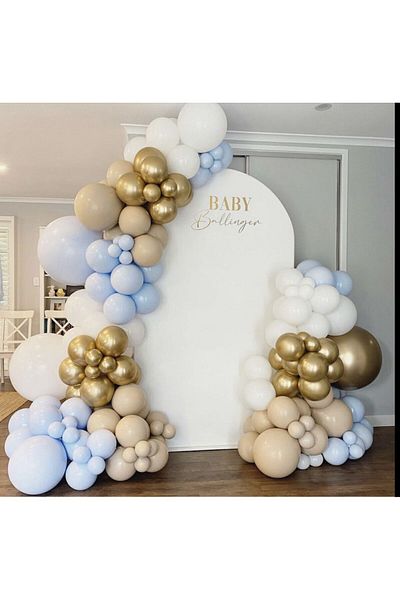 eğlencemarketi Chrome Gold White Sea Sand and Macaron Blue Balloon Chain 100 Pieces