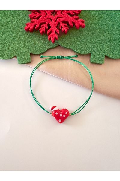 Atelier Çağla New Year Heart Green Christmas Bracelet with Polka Dot Red Glass Hat