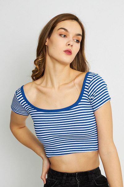 Oyga Γυναικεία μπλούζα Sax Camisole ριγέ τετράγωνη λαιμόκοψη
