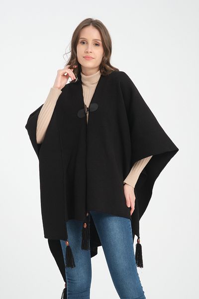 VEGA MODA Stylish Designed Plain Knitwear Poncho - Patternless Shawl Poncho with Button Detail