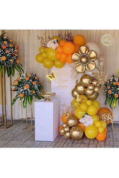 eğlencemarketi Retro Chrome Gold Turmeric - Mustard and Sea Sand Balloon Chain 100 Pieces