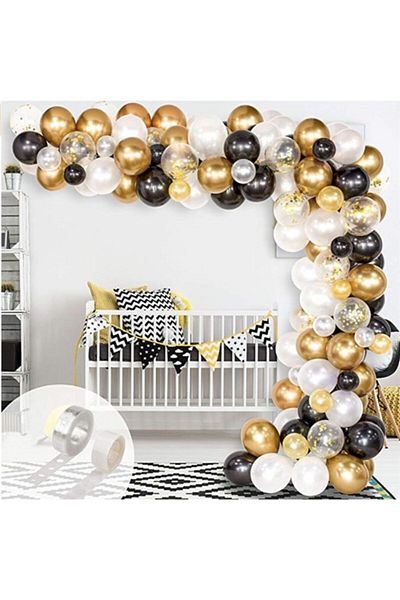 eğlencemarketi Black White Gold Chrome Confetti Balloon Chain Set