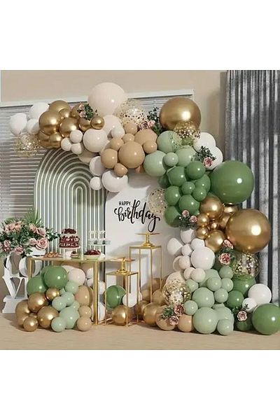 eğlencemarketi Winter Green Chrome Gold Eucalyptus - 100 Nuts and White Balloon Chains