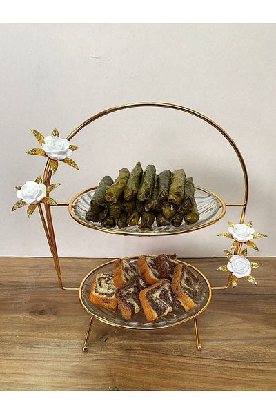 İmren Collection Floral 2 Tier Presentation & Cookie Holder Gold Stand