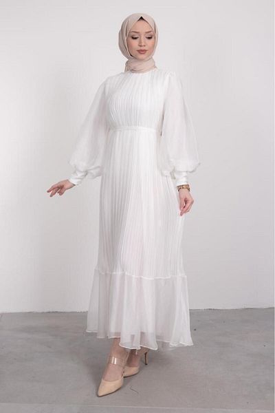 Lamia Giyim White Hijab Dress - Slim Pleated, Balloon Sleeve and Layered Ruffles