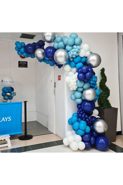eğlencemarketi Dark Blue Chrome Silver Macaron - 100 Pieces White and Blue Balloon Chain