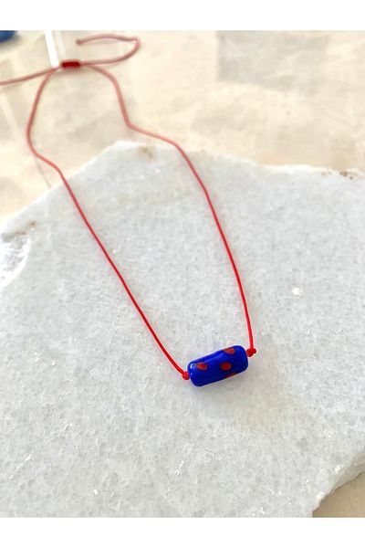 Atelier Çağla Murano Glass Blue Roll Cylinder Red Rope Necklace
