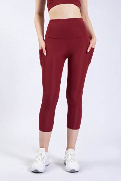 The Step Sports Spocket Women's Yoga Leggings - Claret Red, High Waist, Pockets and Recovery, 19"