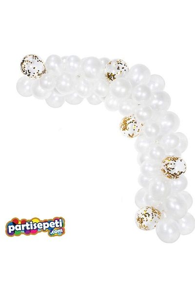 eğlencemarketi Chain Balloon Set White / 130 Pieces with Confetti