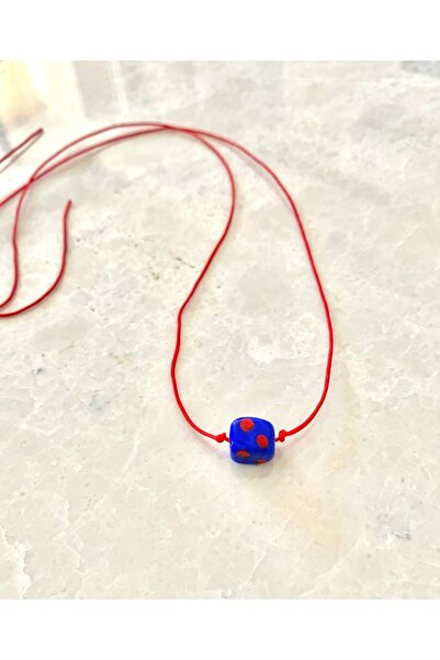 Murano Glass Spotted Blue Cube Red Rope Necklace