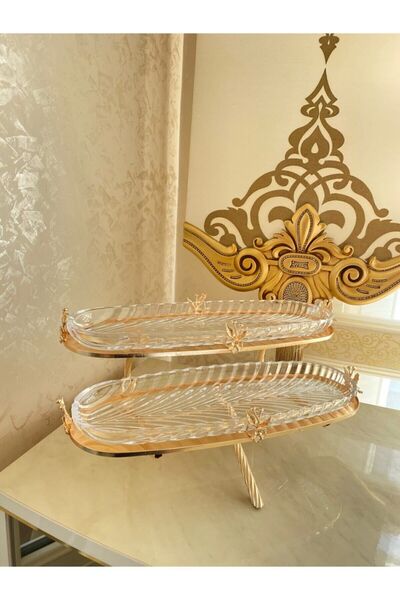 İmren Collection Gold Double-Deck Glass Presentation Rack with Stand