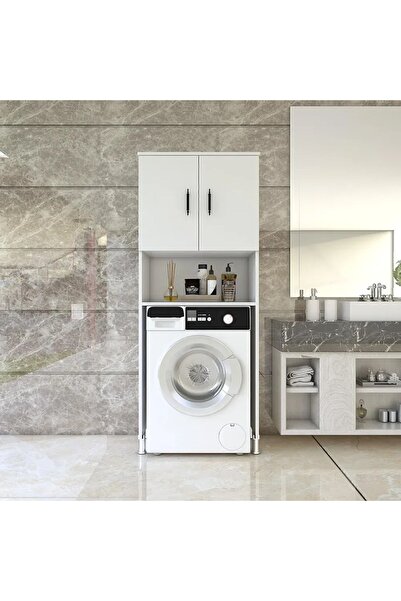 YURKUR MOBİLYA Çamaşır makinesi üstü raf 2 kapaklı 3 raflı dolap beyaz MDF raf