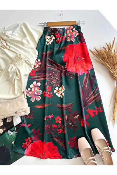 Genel Markalar Çiçek Desenli Saten Etek - Zümrüt Yeşili  ( ÖS )