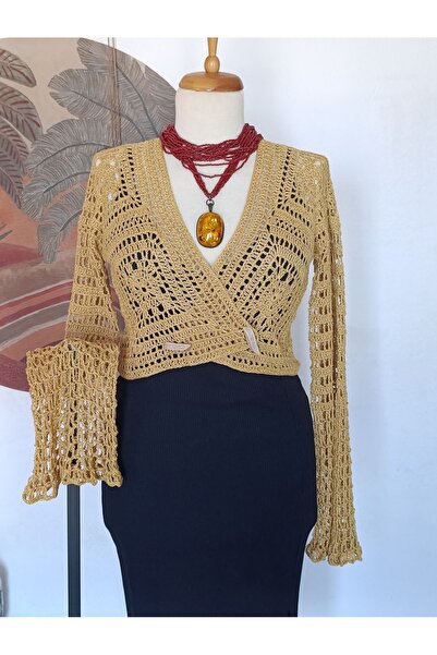 Hippybutik Hardal Sarısı Floş Ince Ip El Örgüsü Crop Hırka