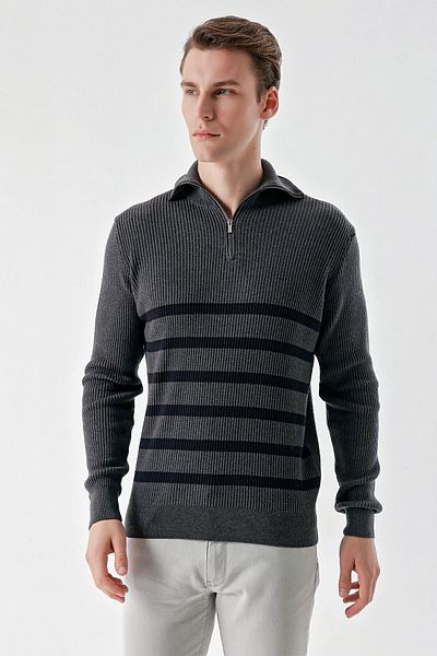 Morven Men's Anthracite Trend Striped Zipper Stand Collar Dynamic Fit Comfortable Cut Knitwear