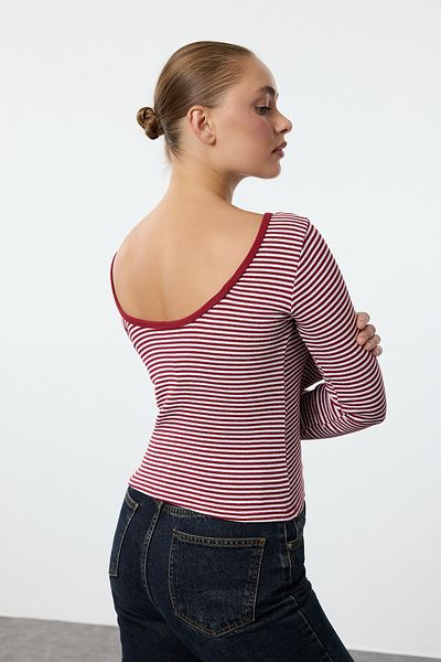 Trendyol Collection Bluză tricotată cu nervuri elastice - dungi ecru bordeaux, spate decoltat pe corp TWOAW24BZ00105