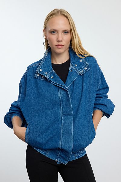 Trendyol Collection Oversize Blue Denim Bomber Jacket - TWOAW25CE00049
