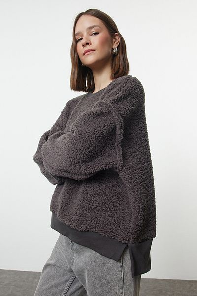 Trendyol Collection Antracitový plyš - Pohodlný střih mikina s výstřihemTwoaw25sw00071