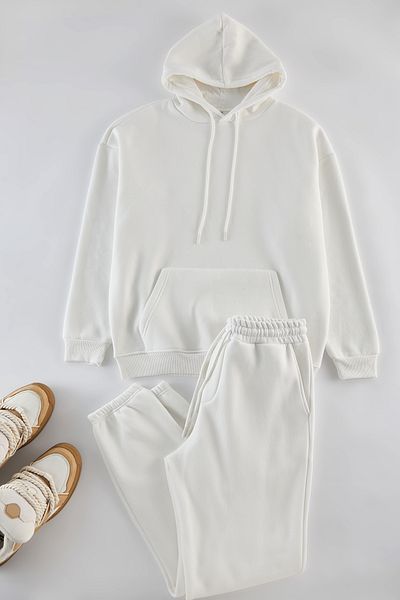 Trendyol Collection Σετ φόρμας φούτερ με κουκούλα Ecru Oversize Fleece - TMNAW24EM00002