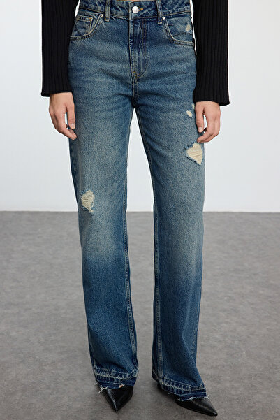 Trendyol Collection Sötétkék – normál derékszakadt, részletes, széles szárú farmernadrágTwoaw25je00203