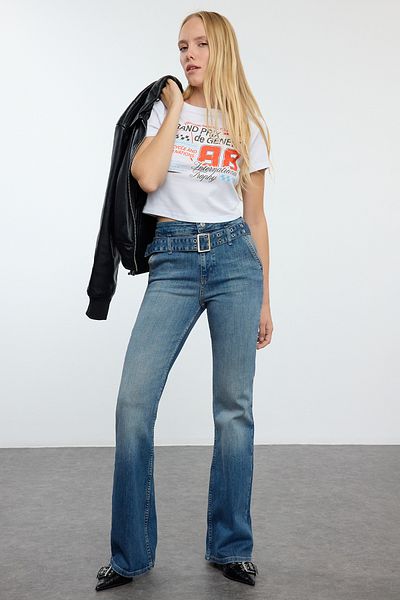 Trendyol Collection Blugi evazați cu centură înaltă - Albastru TWOAW25JE00189
