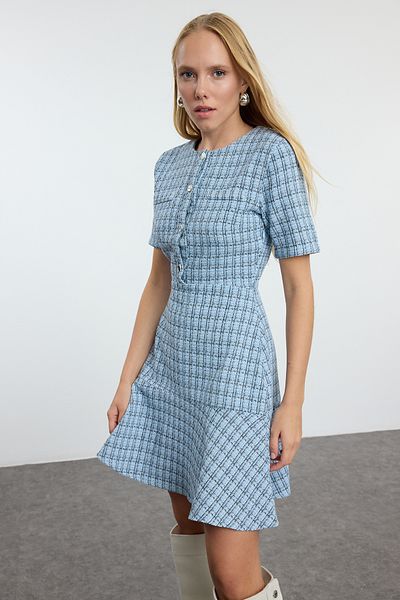 Trendyol Collection Rochie mini din tweed cu decolteu indigo - Fusta cu deschidere în talie TWOAW25EL00280