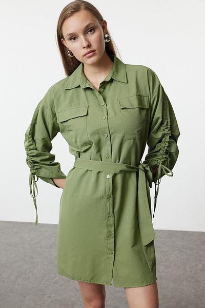Trendyol Collection Φόρεμα Χακί Μίνι Πουκάμισο - Λεπτομέρεια με τσέπη και Shiring, υφαντό, Twoaw25el00187