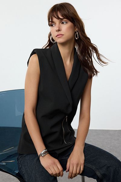 Trendyol Collection Woven Black Vest - Zipper Detailed, Fitted Twoaw25Ye00068