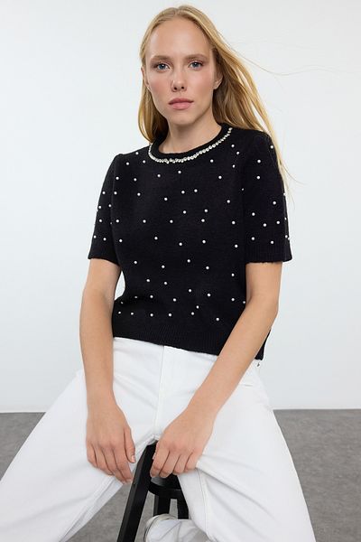 Trendyol Collection Pulover negru din tricotaje cu perle și piatră - TWOAW25KZ00127