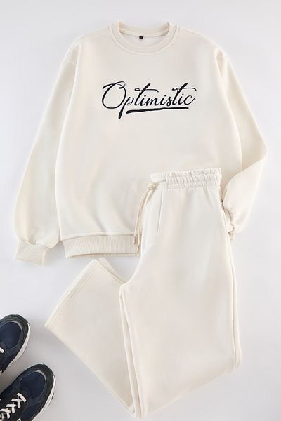 Trendyol Collection Σετ φόρμας εκρού Oversize Text Printed - Tmnaw25em00006