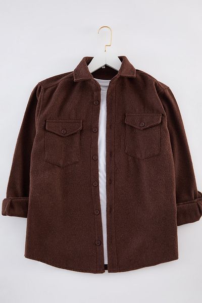 Trendyol Collection Cămașă maro cu buzunar, țesătură de iarnă, pentru bărbați, TEDAW25GO00009