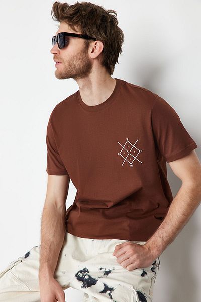 Trendyol Collection Dark Brown PrinTed large Size CoTTon T-Shirt - TMNSS24BF00051