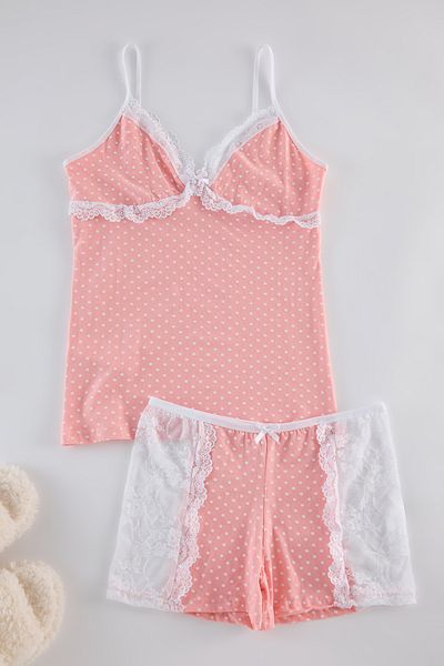 Trendyol Collection Cotton Polka Dot and Lace Pajamas Set - Bow Detail, Thmss24Pt00268