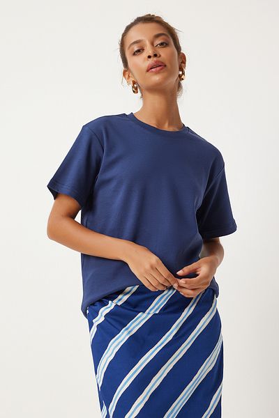Happiness İstanbul Navy Blue Women's T-Shirt - 100% Cotton, Crew Neck FN03265