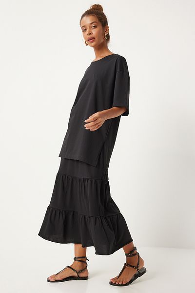 Happiness İstanbul Black Oversize T-Shirt and Flounce Knitted Skirt Set - UB00291