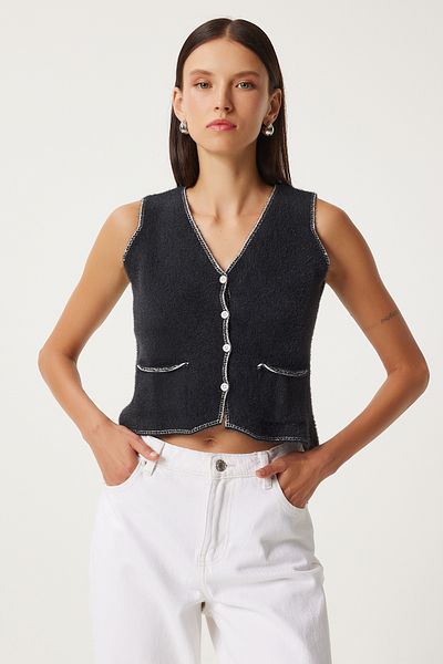 Happiness İstanbul Black V-Neck Bearded Women's Knitwear Vest - YY00219