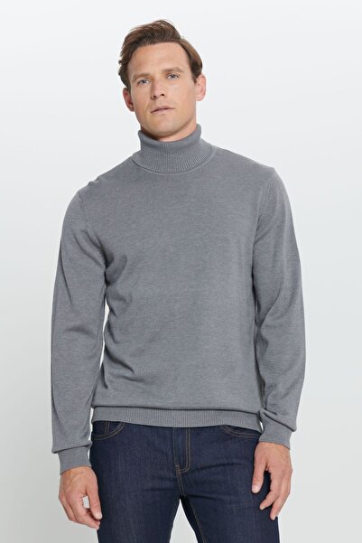 ALTINYILDIZ CLASSICS Gray Melange Men's Knitwear Sweater - Standard Fit, Full Turtleneck, Cotton