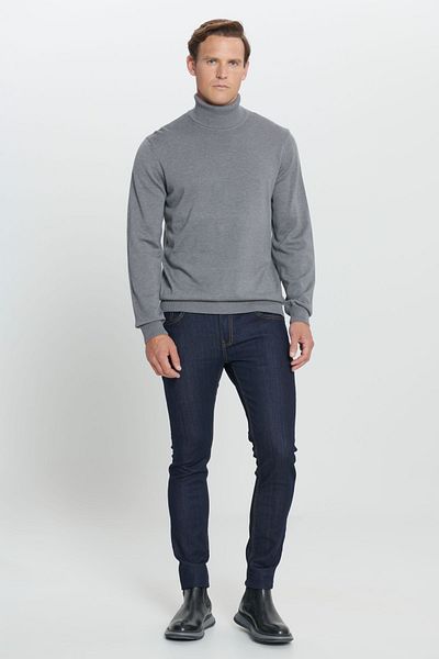 ALTINYILDIZ CLASSICS Grauer Melange-Strickpullover für Herren – Standard-Passform, Rollkragenpullover, Baumwolle