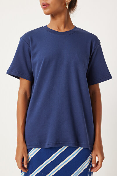 Happiness İstanbul Navy Blue Women's T-Shirt - 100% Cotton, Crew Neck FN03265