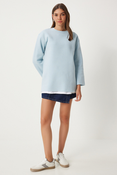 Happiness İstanbul Nebesky modrá oversize dámská pletená mikina - Rastr NJ00131