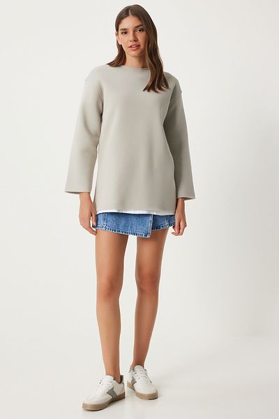 Happiness İstanbul Steingraues Oversize-Sweatshirt für Damen - Rastergestrickt NJ00131