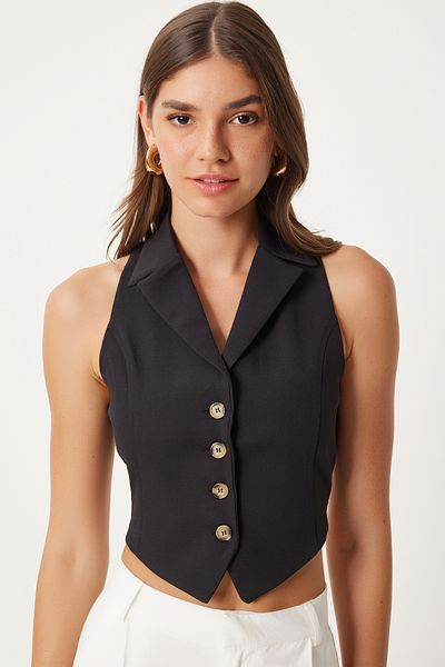 Happiness İstanbul Women's Black Vest with Tie Detail - TO00150