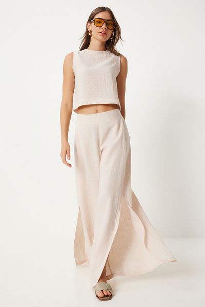 Happiness İstanbul Linen Blouse and Slit Loose Pants Set - Women's Cream FN03271