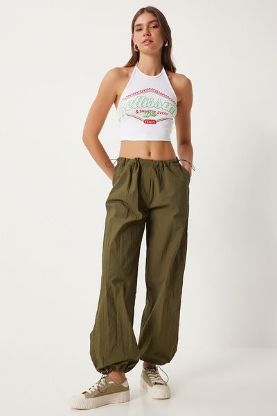 Happiness İstanbul Khakifarbene Shalwar-Hose aus Fallschirmstoff für Damen – mit Taschen, FN03274