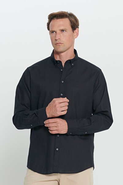 ALTINYILDIZ CLASSICS Altınyıldız Classics Erkek Siyah Comfort Fit Rahat Kesim Düğmeli Yaka Keten Gömlek
